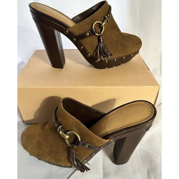 Womens Coach RANA Mules Brown Leather Suede  W/Block Heels Studs & Tassel Sz 8.5 - Picture 2 of 13